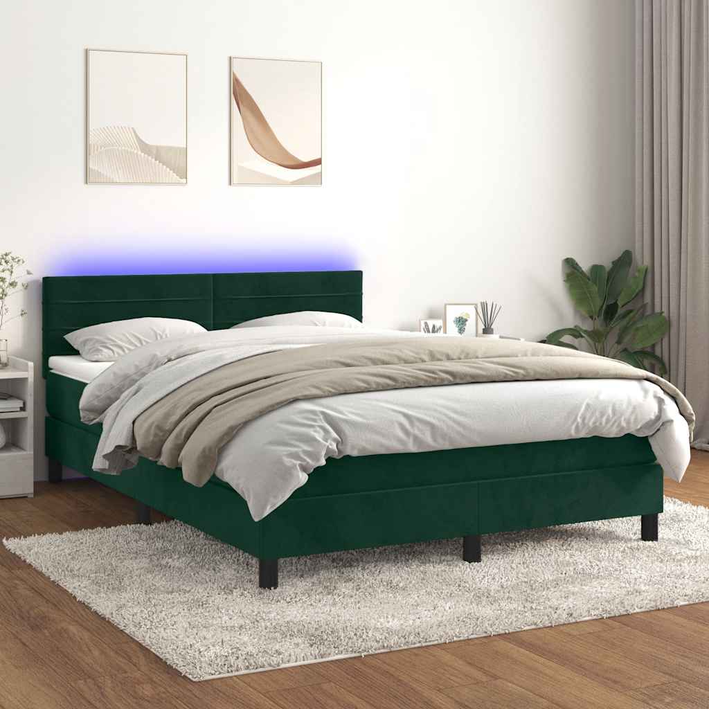 Letto a Molle con Materasso e LED Verde Scuro 140x200cm Velluto | homemem39