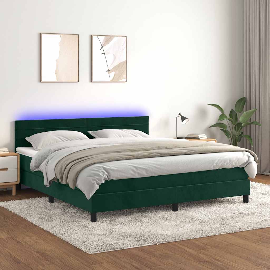 Letto a Molle con Materasso e LED Verde Scuro 160x200cm Velluto | homemem39