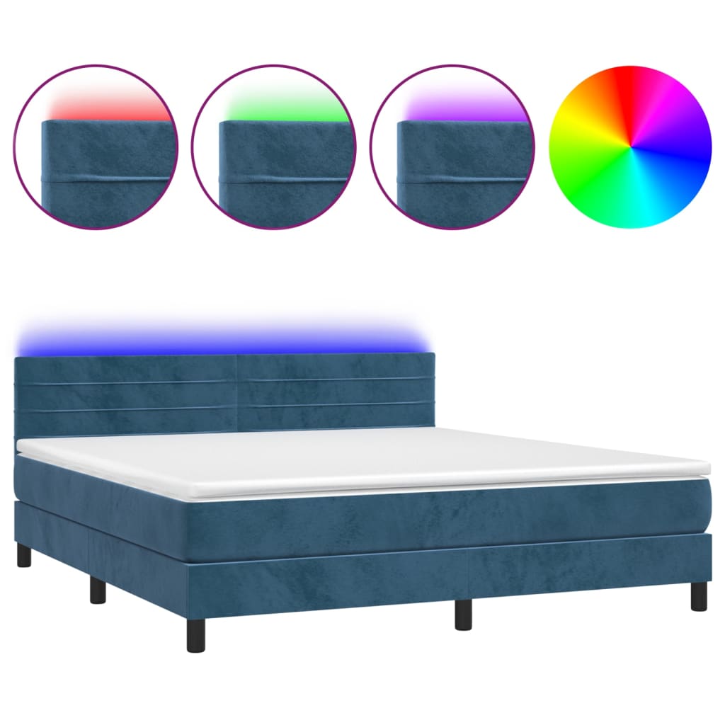 Letto a Molle con Materasso e LED Blu Scuro 160x200 cm