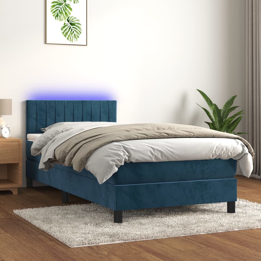Letto a Molle con Materasso e LED Blu Scuro 80x200cm in Velluto - homemem39