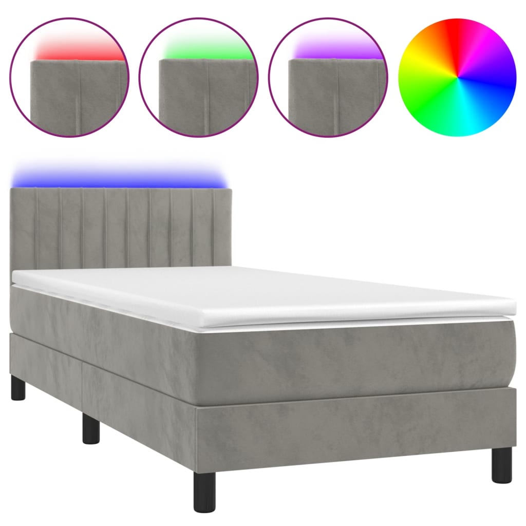 Letto a Molle Materasso e LED Grigio Chiaro 90x190 cm Velluto