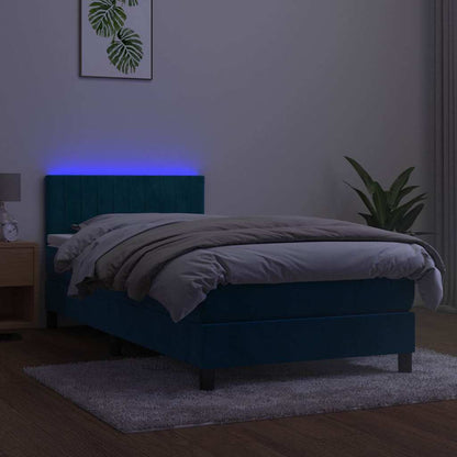 Letto a Molle con Materasso e LED Blu Scuro 90x190cm in Velluto