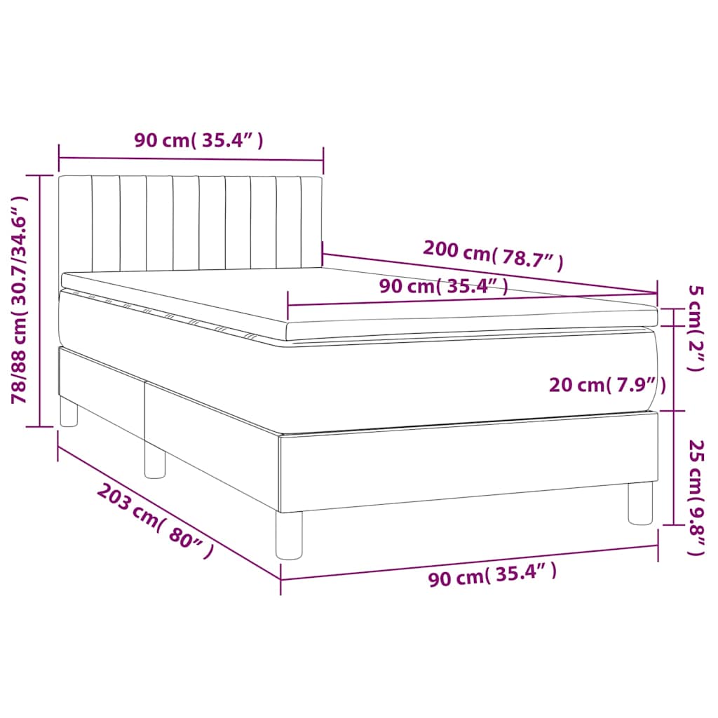Letto a Molle con Materasso e LED Blu Scuro 90x200cm in Velluto | homemem39