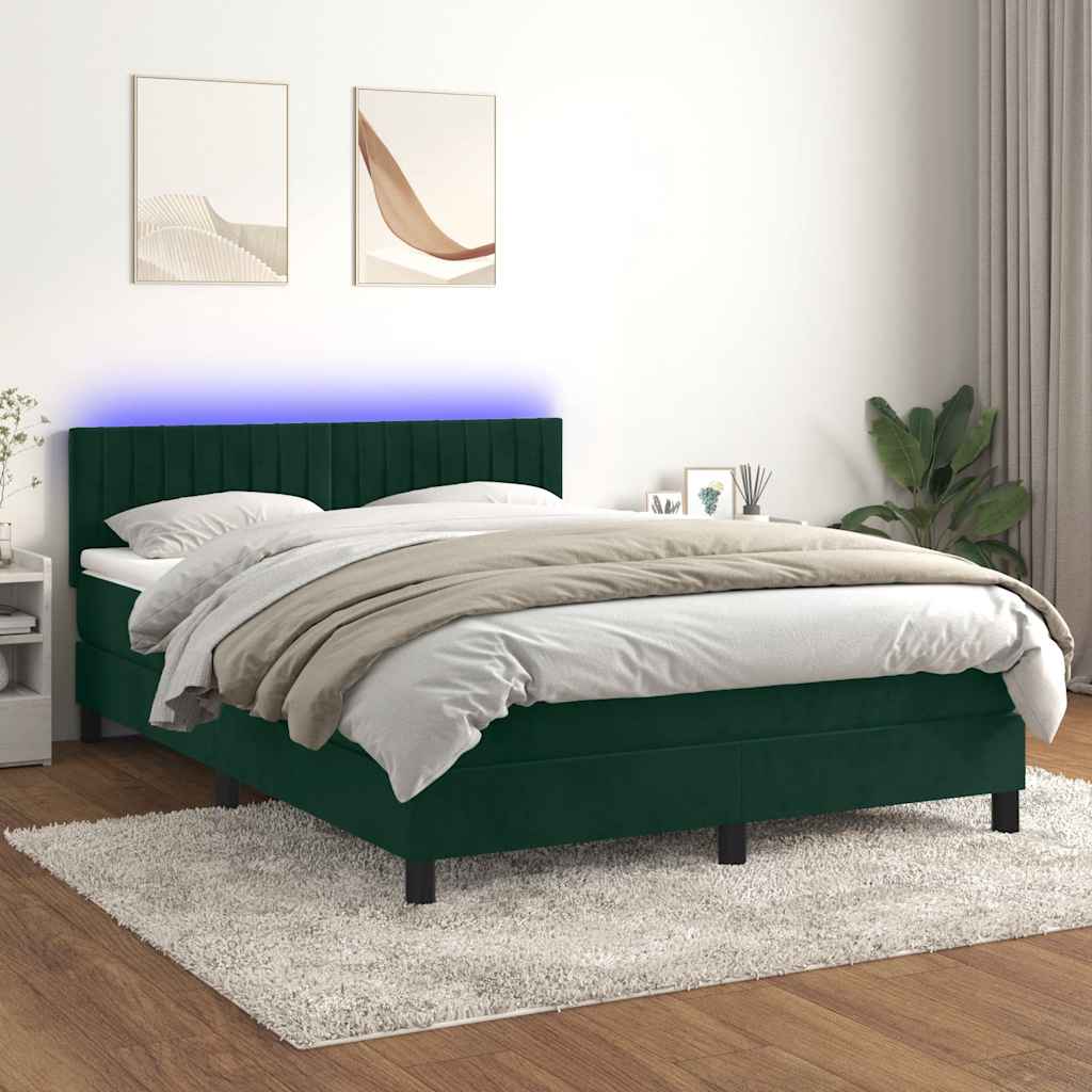 Letto a Molle con Materasso e LED Verde Scuro 140x200cm Velluto | homemem39