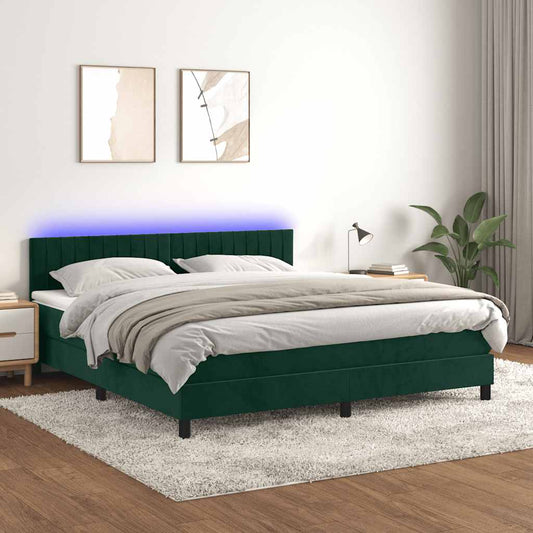 Letto a Molle con Materasso e LED Verde Scuro 160x200cm Velluto | homemem39