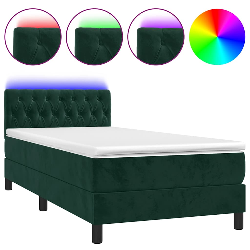 Letto a Molle con Materasso e LED Verde Scuro 90x190 cm Velluto | homemem39