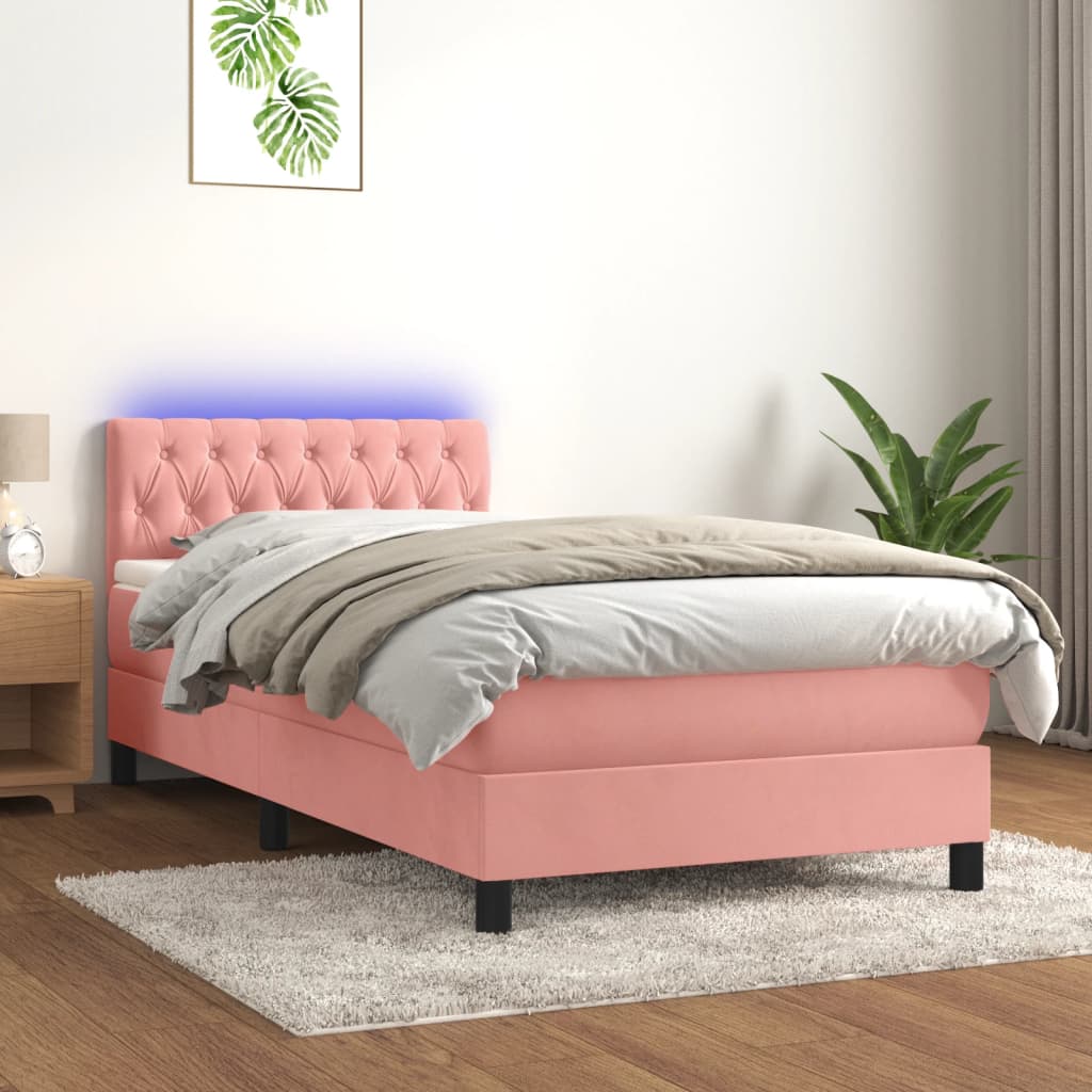 Letto a Molle con Materasso e LED Rosa 90x190 cm in Velluto - homemem39