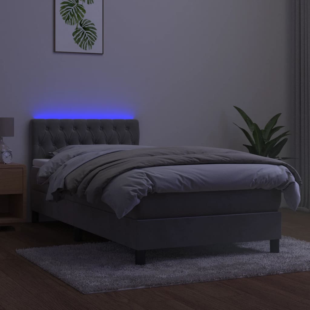 Letto a Molle con Materasso e LED Grigio Chiaro 90x200 cm Velluto