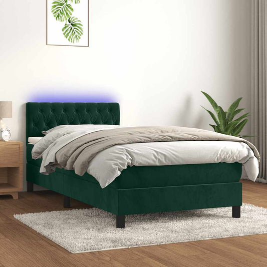 Letto a Molle con Materasso e LED Verde Scuro 90x200cm Velluto | homemem39