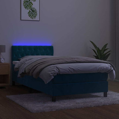 Letto a Molle con Materasso e LED Blu Scuro 90x200cm in Velluto