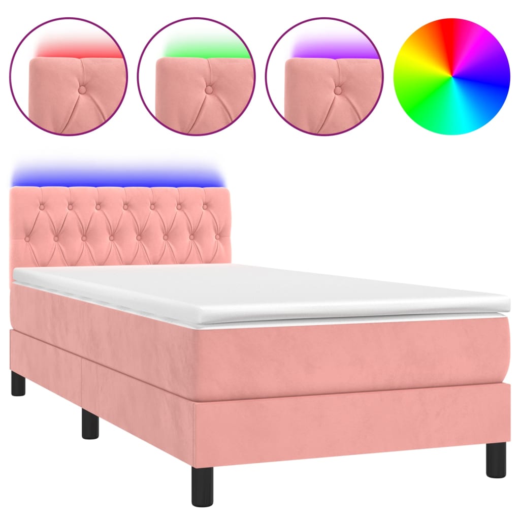 Letto a Molle con Materasso e LED Rosa 90x200 cm in Velluto - homemem39