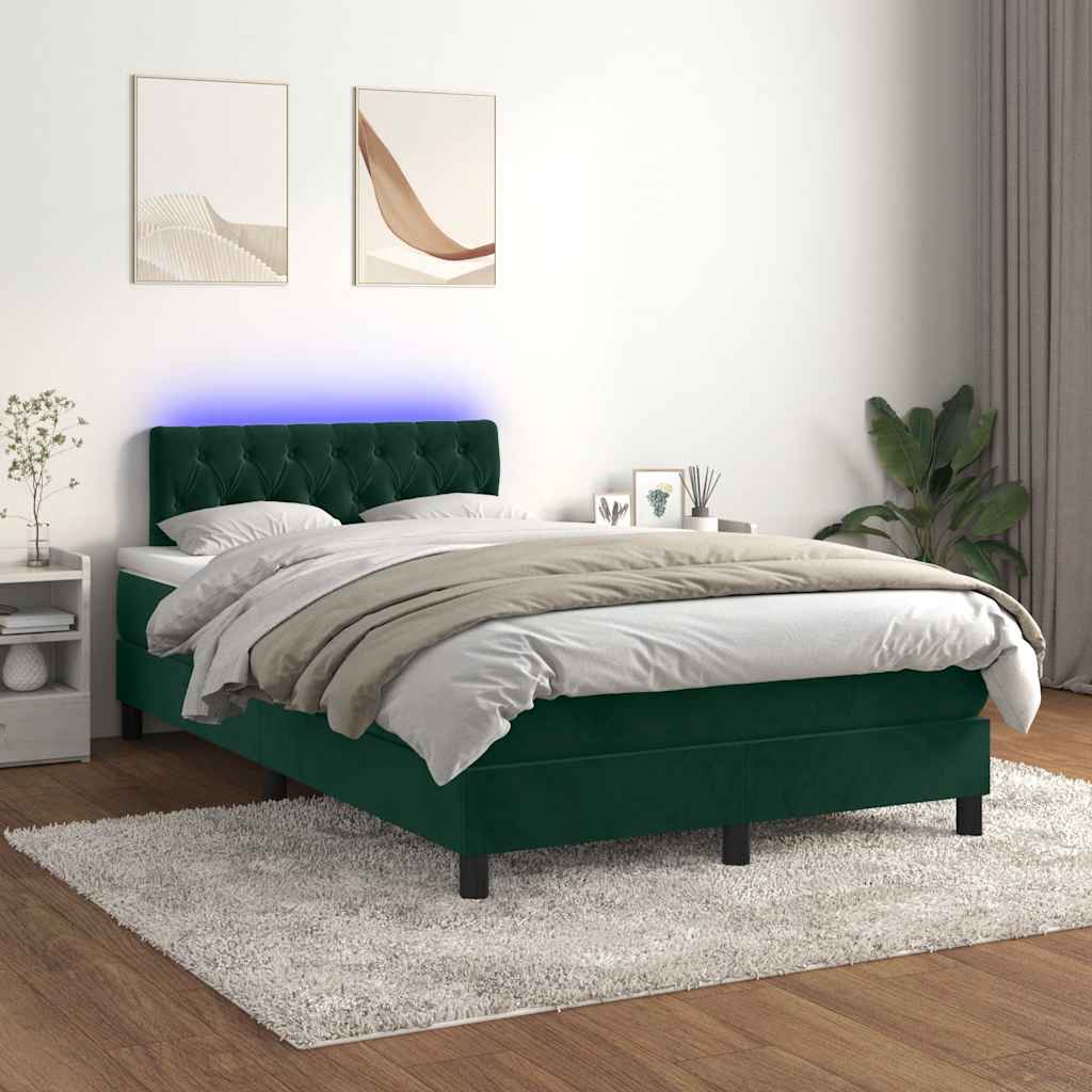 Letto a Molle con Materasso e LED Verde Scuro 120x200cm Velluto