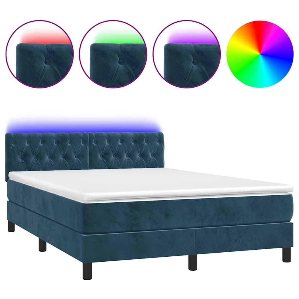 Letto a Molle con Materasso e LED Blu Scuro 140x190 cm
