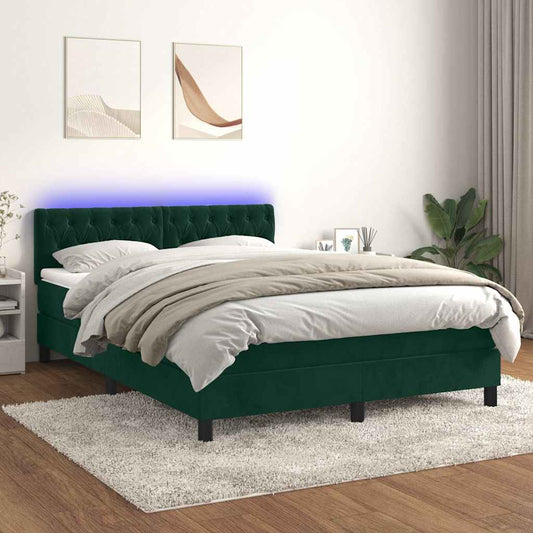 Letto a Molle con Materasso e LED Verde Scuro 140x200cm Velluto