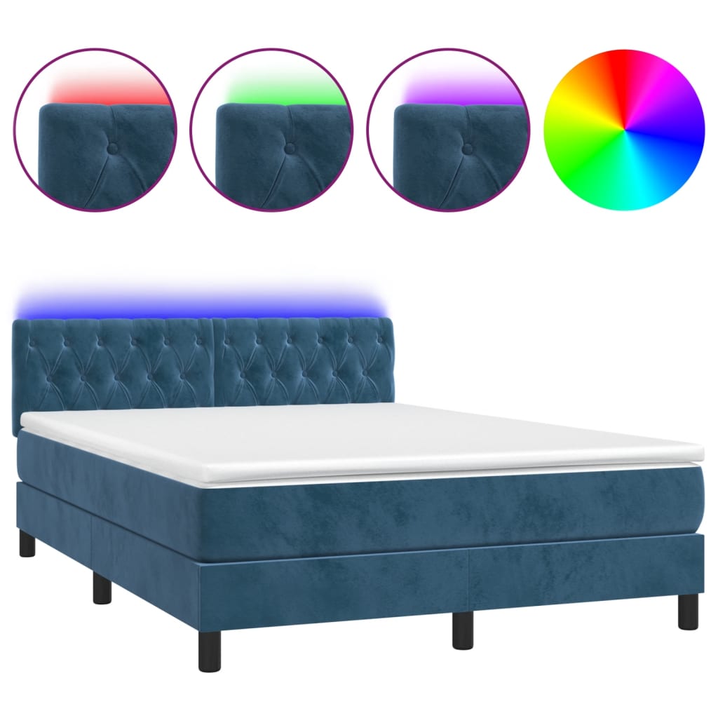 Letto a Molle con Materasso e LED Blu Scuro 140x200 cm