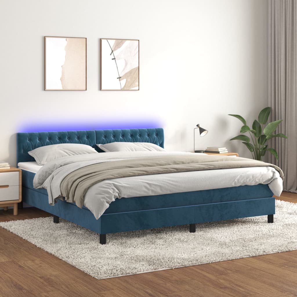 Letto a Molle con Materasso e LED Blu Scuro 160x200 cm - homemem39