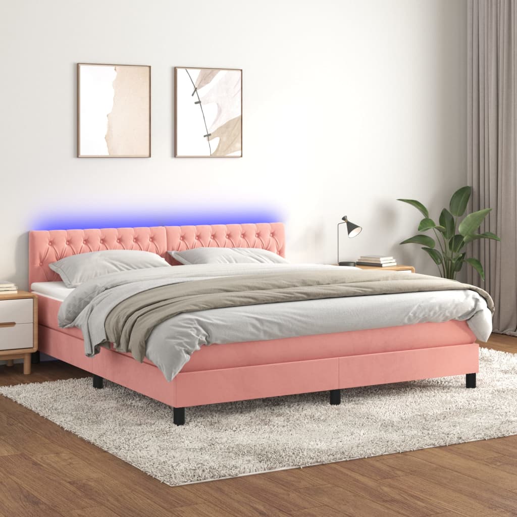 Letto a Molle con Materasso e LED Rosa 160x200 cm in Velluto - homemem39