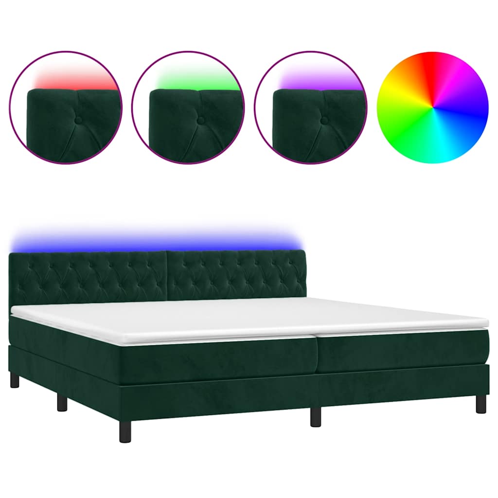 Letto a Molle con Materasso e LED Verde Scuro 200x200cm Velluto