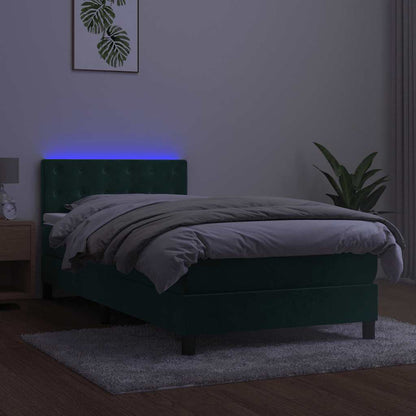 Letto a Molle con Materasso e LED Verde Scuro 90x200cm Velluto