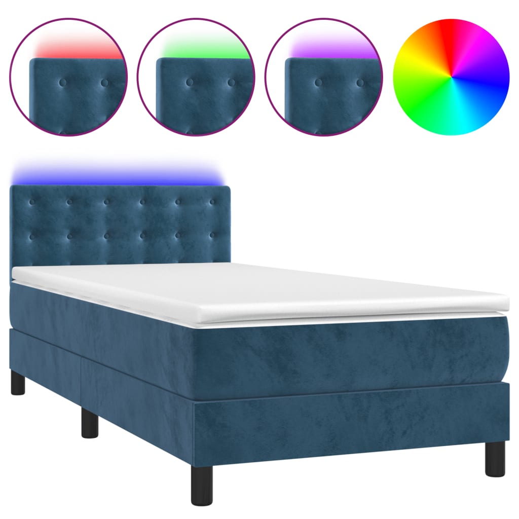 Letto a Molle con Materasso e LED Blu Scuro 90x200cm in Velluto