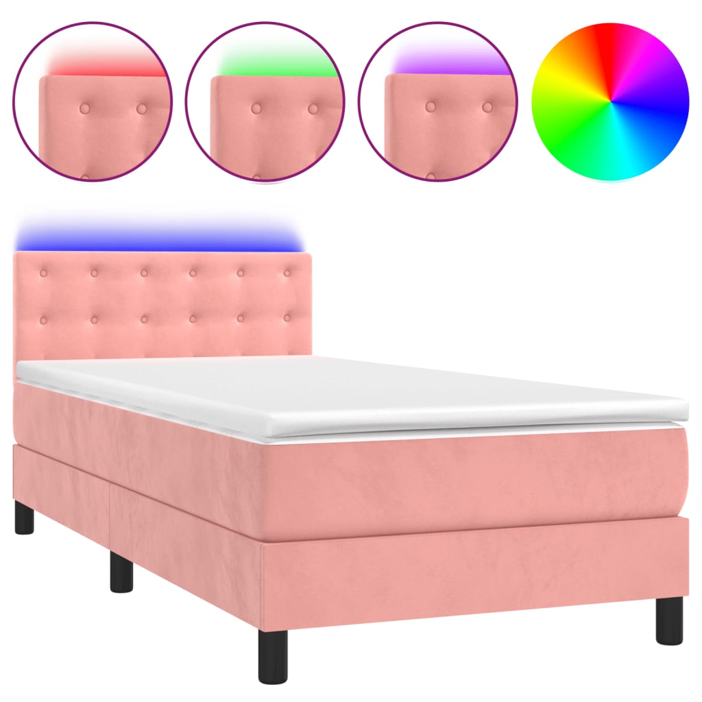 Letto a Molle con Materasso e LED Rosa 90x200 cm in Velluto
