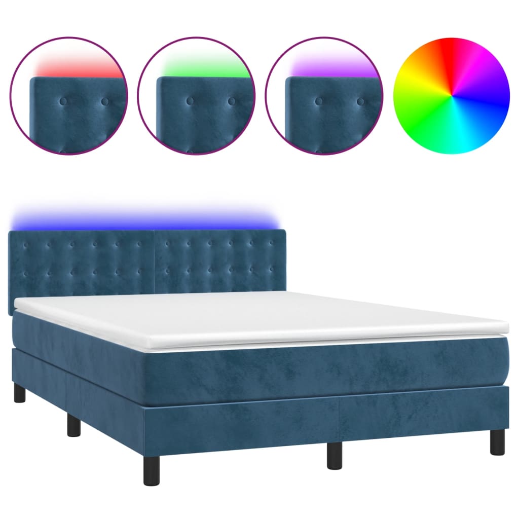 Letto a Molle con Materasso e LED Blu Scuro 140x190 cm - homemem39