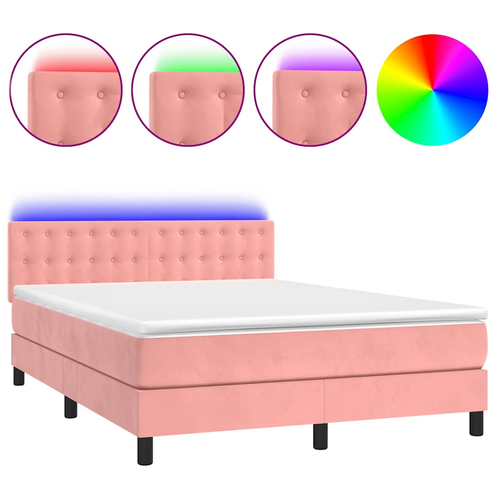 Letto a Molle con Materasso e LED Rosa 140x190 cm in Velluto