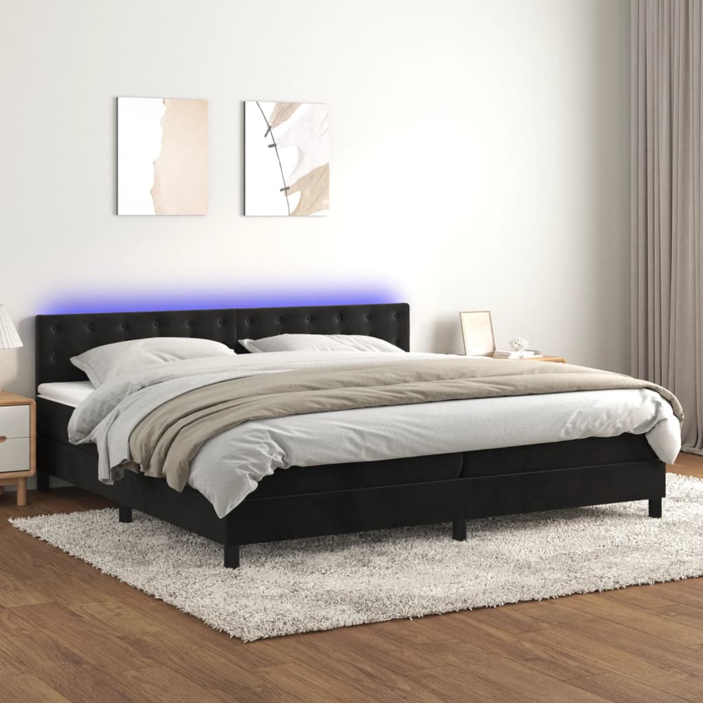 Letto a Molle con Materasso e LED Nero 200x200 cm in Velluto - homemem39