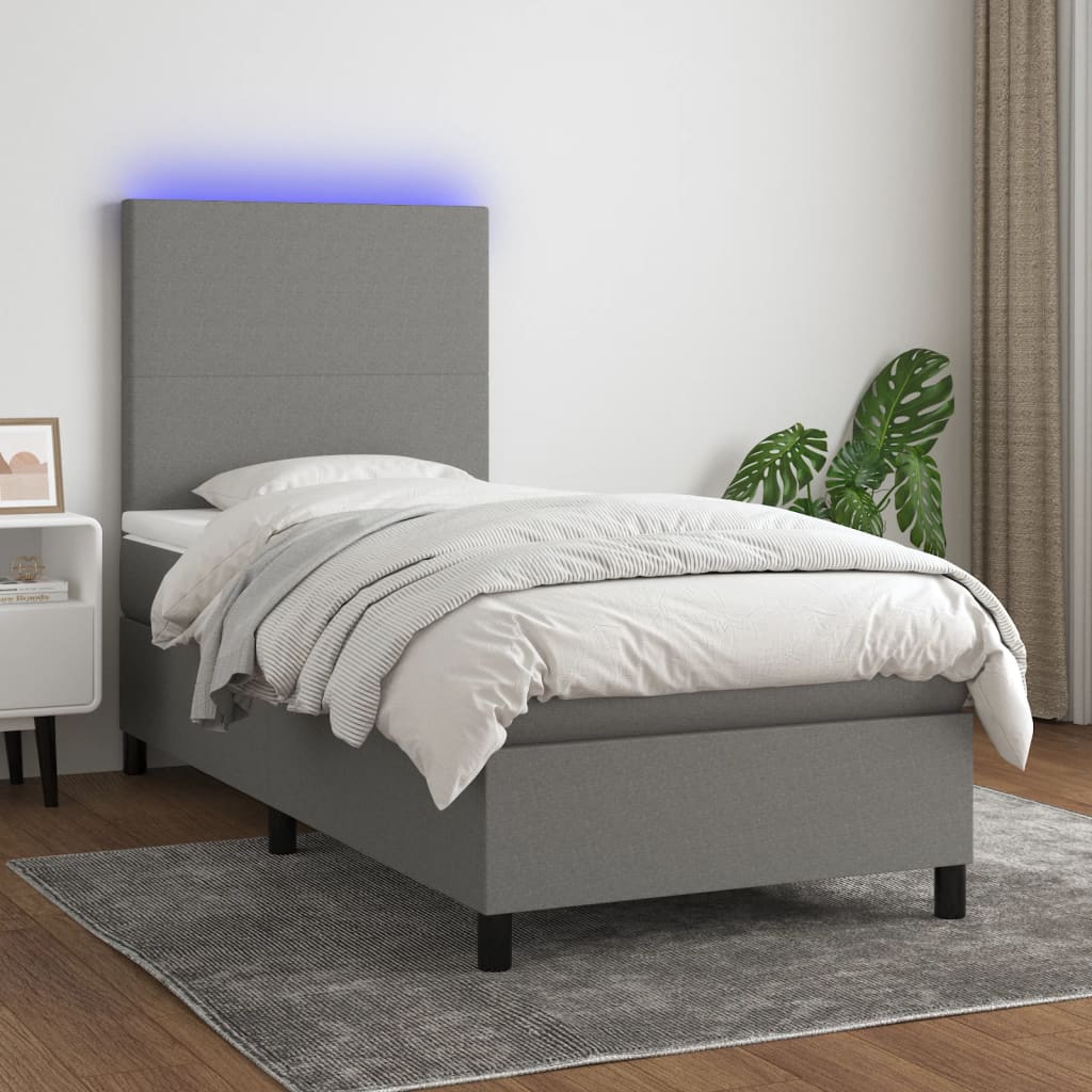 Letto a Molle Materasso e LED Grigio Scuro 90x190 cm in Tessuto - homemem39