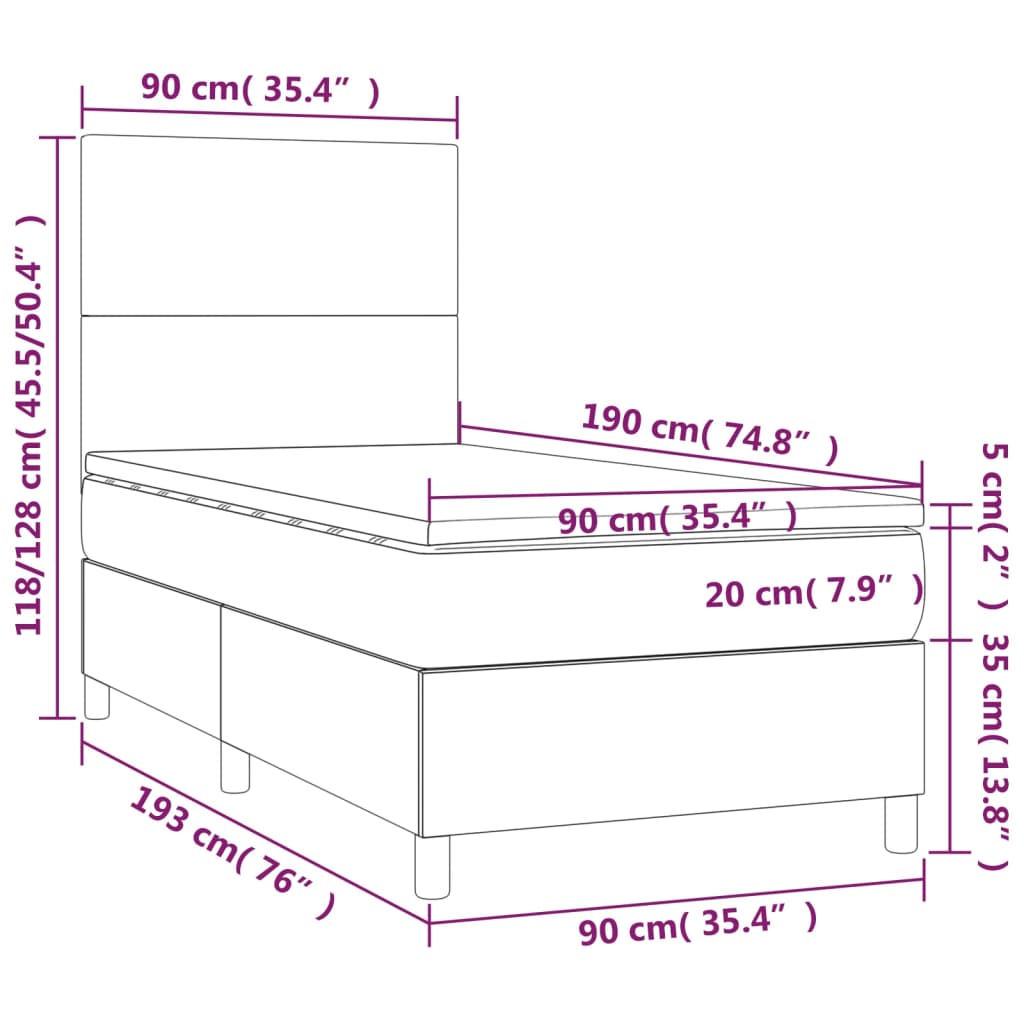 Letto a Molle con Materasso e LED Tortora 90x190 cm in Tessuto