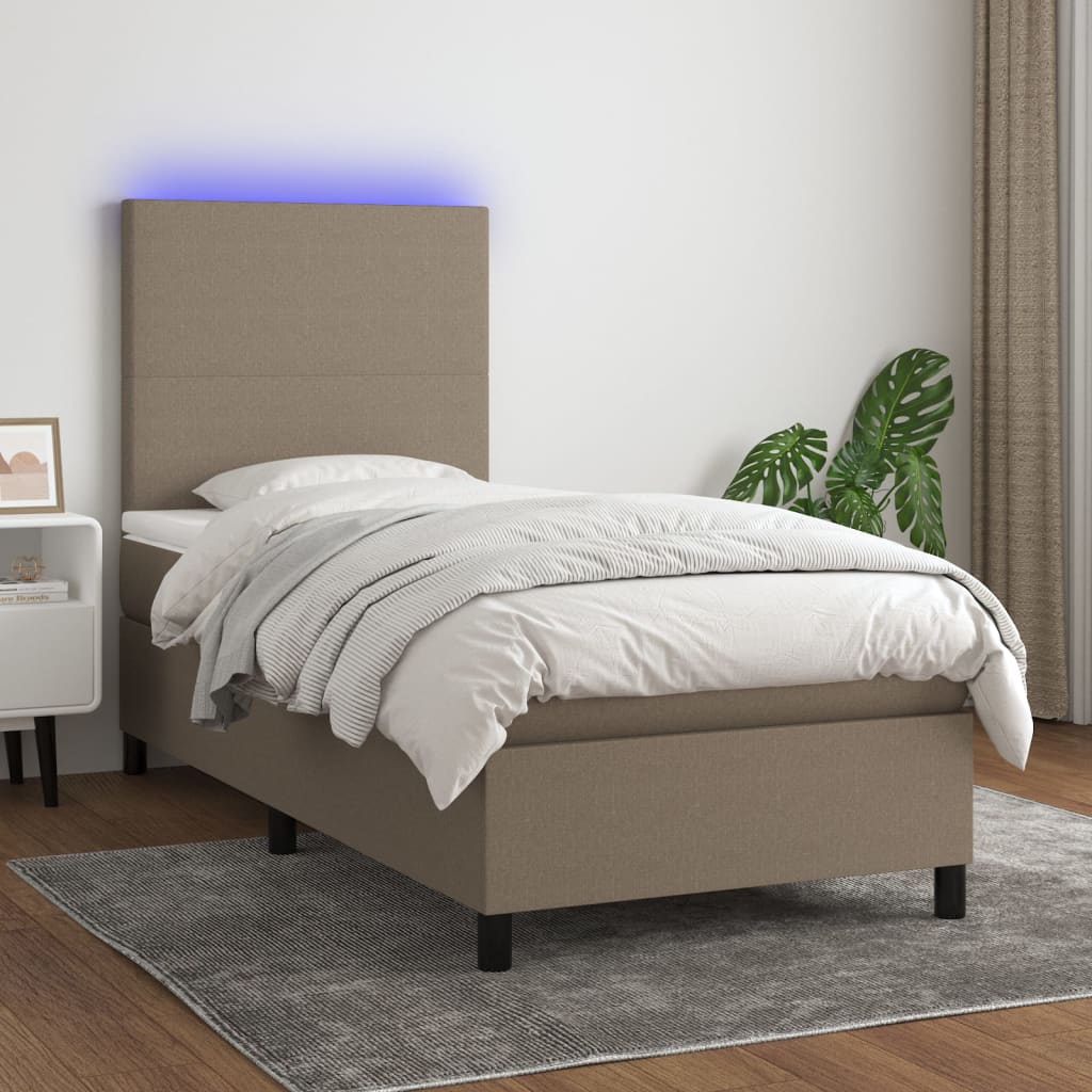 Spring bed with dove gray mattress and LED 90x190 cm in fabric