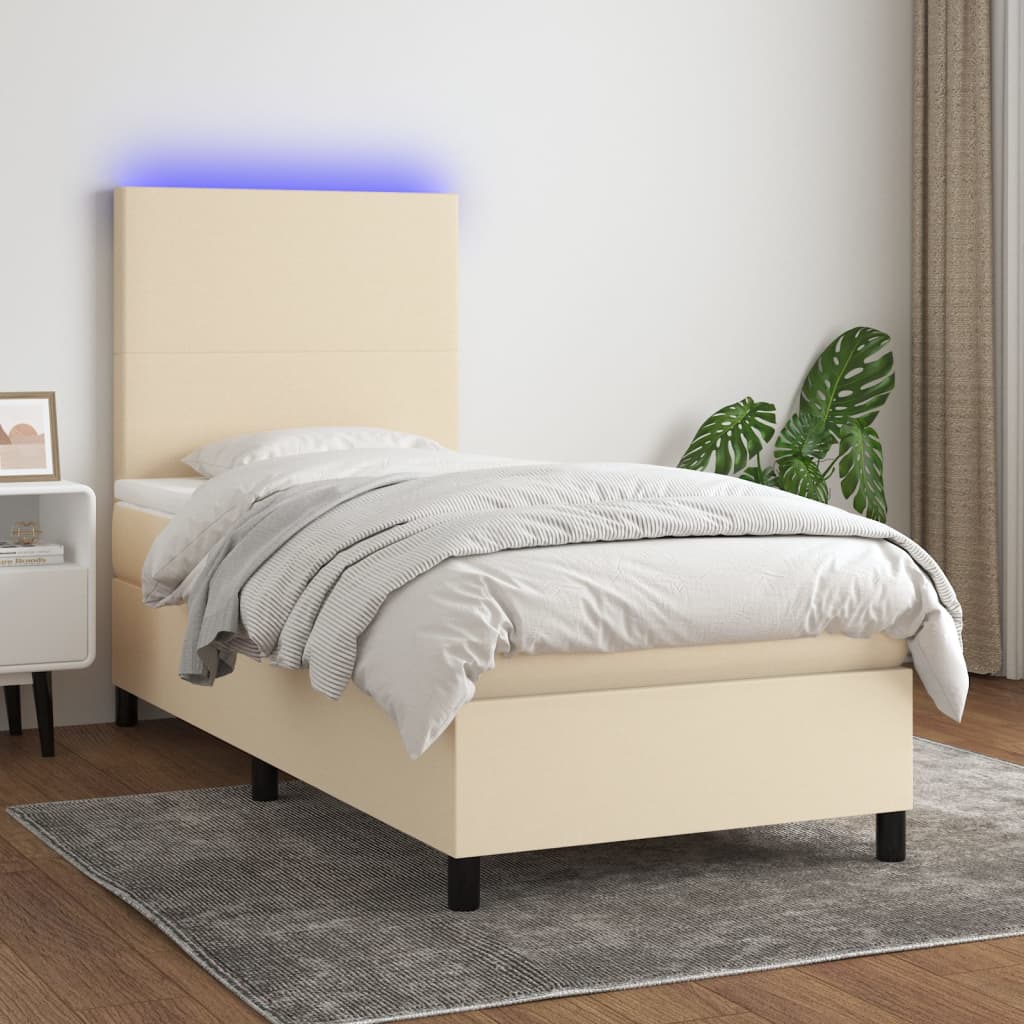 Letto a Molle con Materasso e LED Crema 90x190 cm in Tessuto - homemem39
