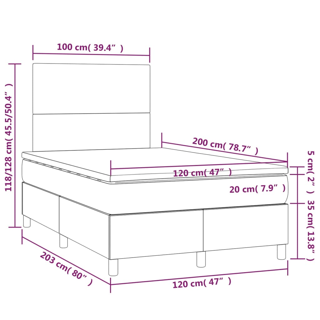 Letto a Molle con Materasso e LED Tortora 120x200cm in Tessuto