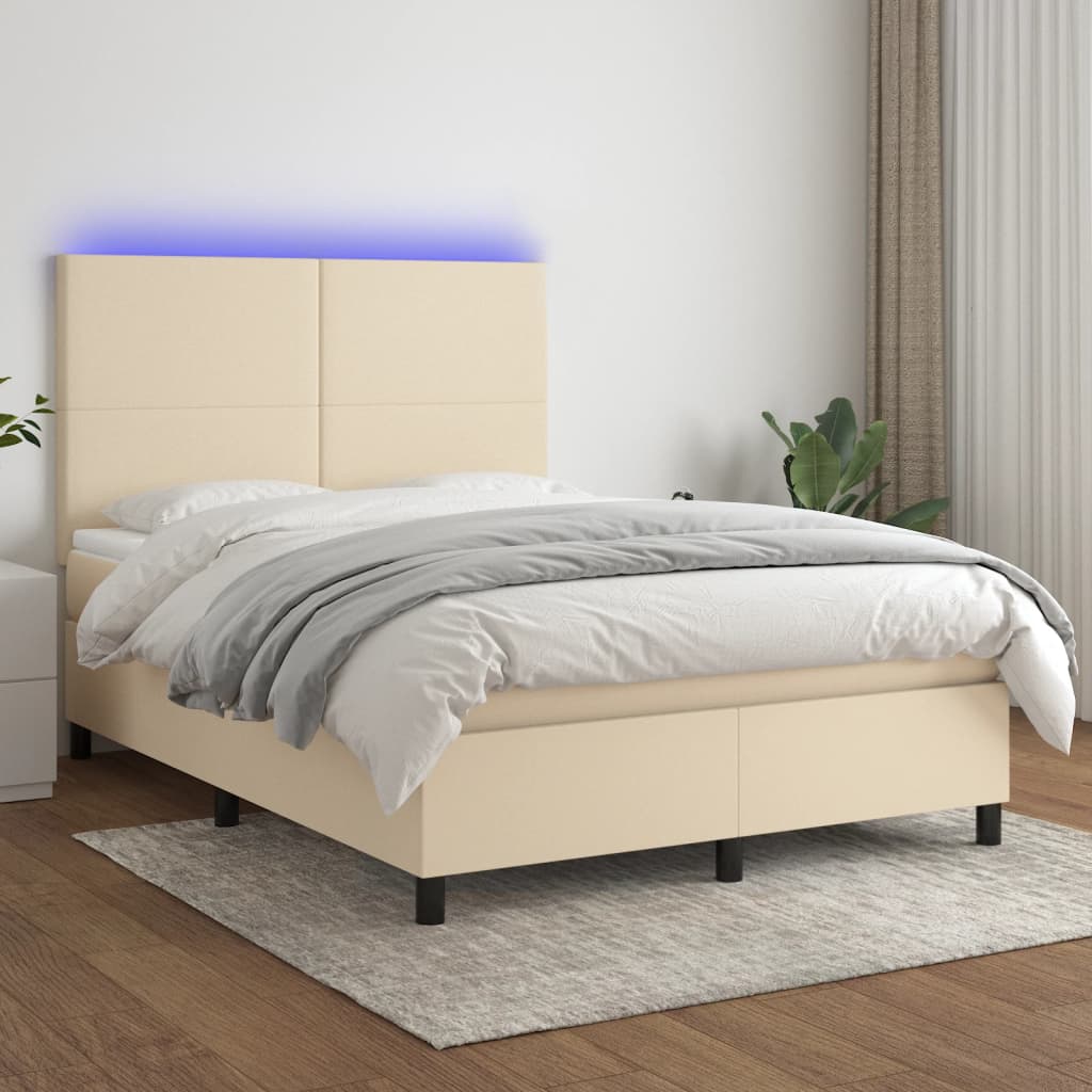Letto a Molle con Materasso e LED Crema 140x200 cm in Tessuto - homemem39