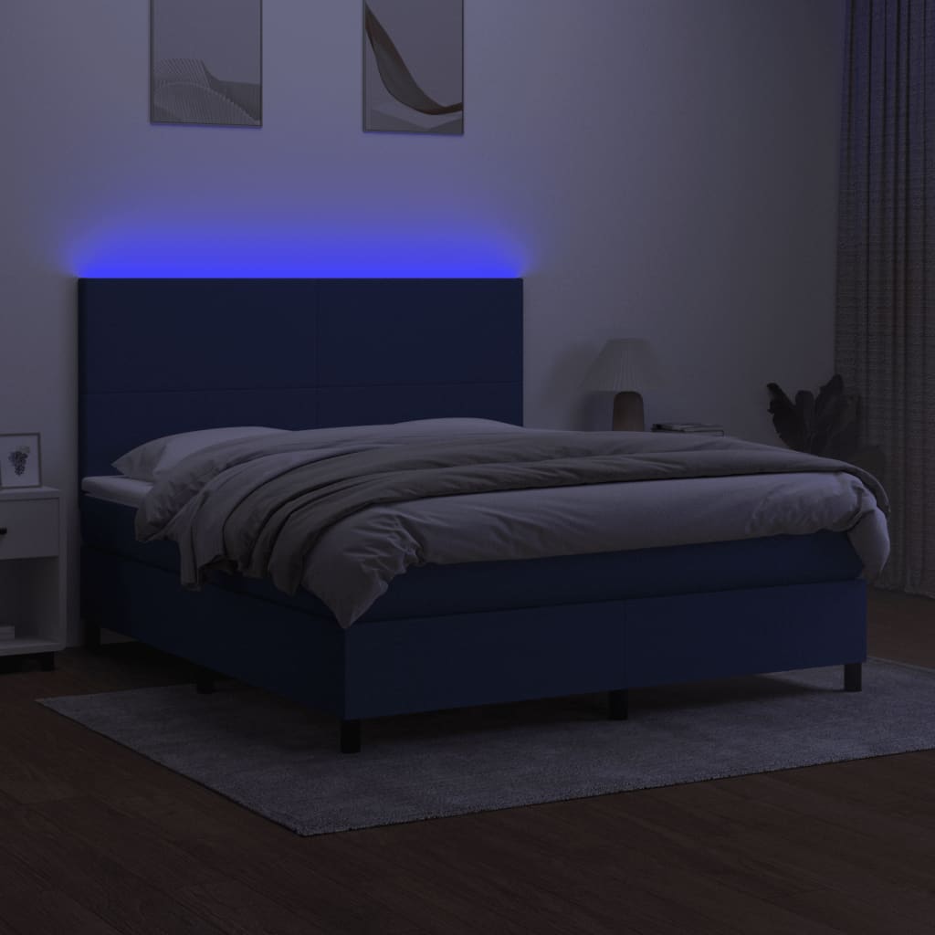 Letto a Molle con Materasso e LED Blu 160x200 cm in Tessuto