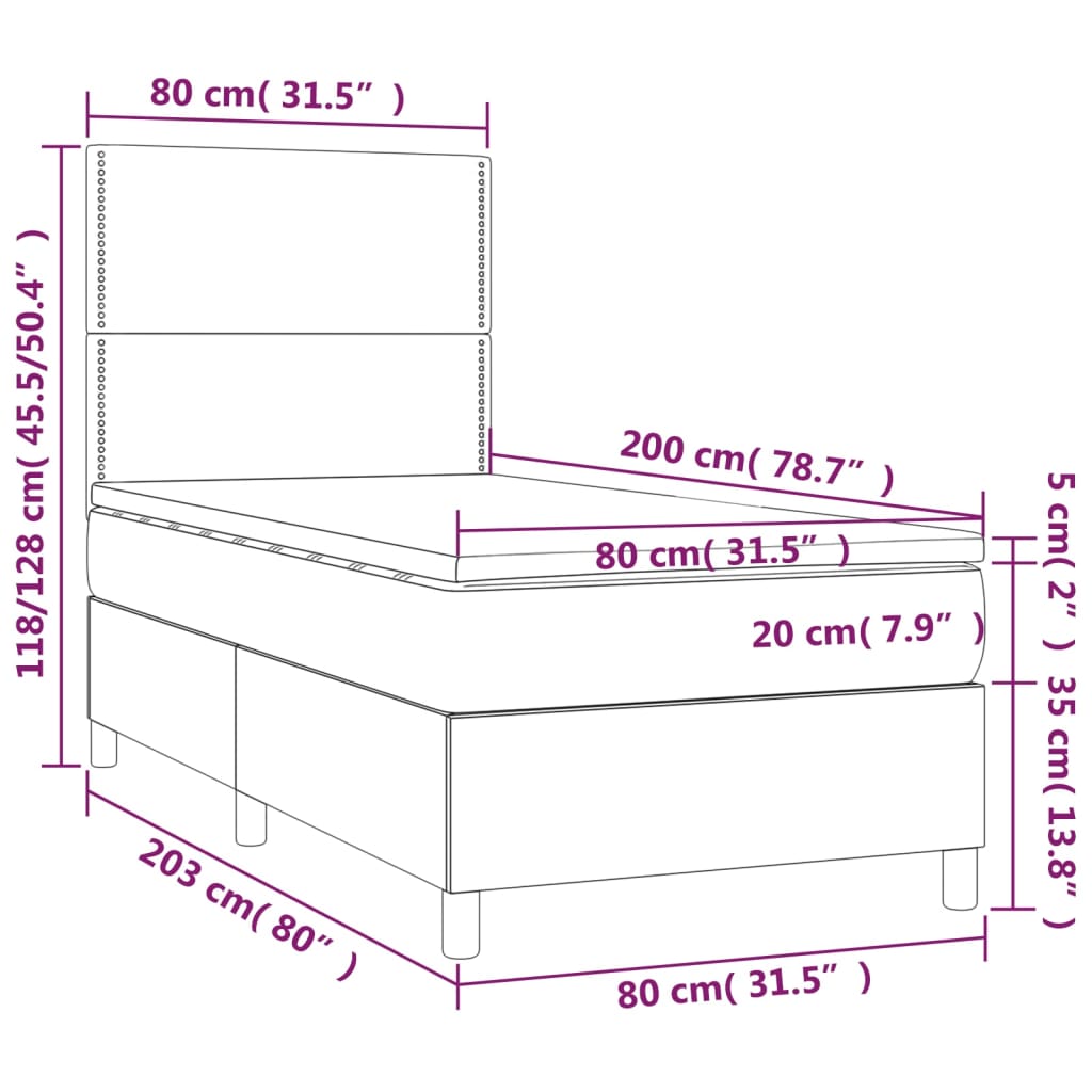 Letto a Molle con Materasso e LED Tortora 80x200 cm in Tessuto - homemem39