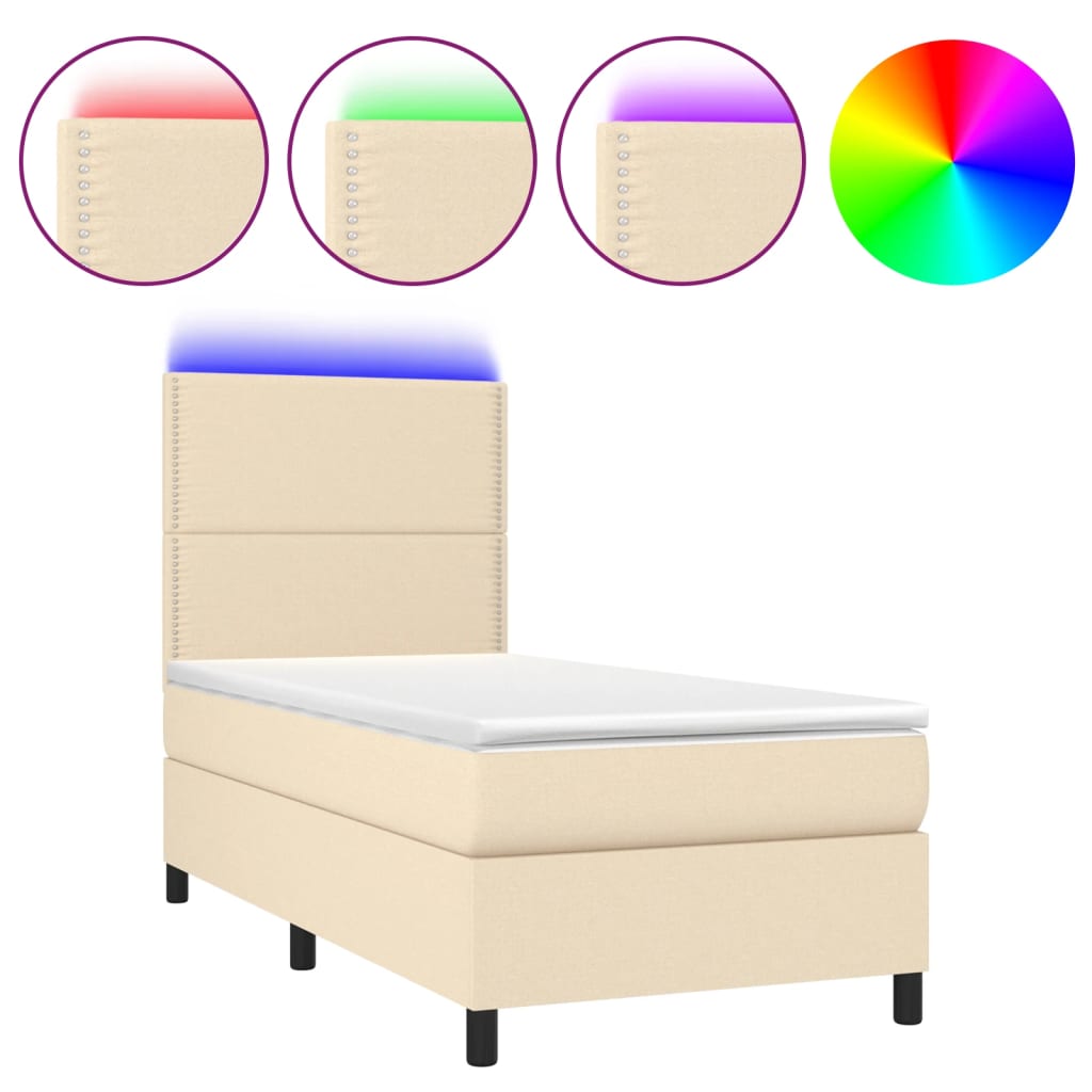 Letto a Molle con Materasso e LED Crema 90x190 cm in Tessuto