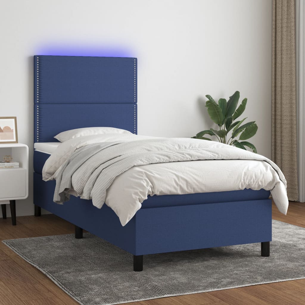 Letto a Molle con Materasso e LED Blu 90x200 cm in Tessuto - homemem39