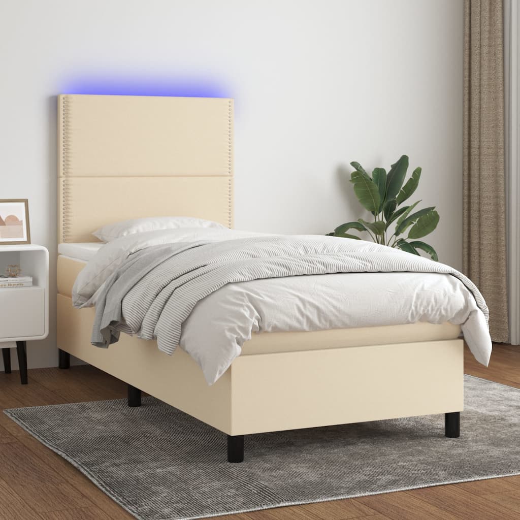 Letto a Molle con Materasso e LED Crema 100x200cm in Tessuto | homemem39