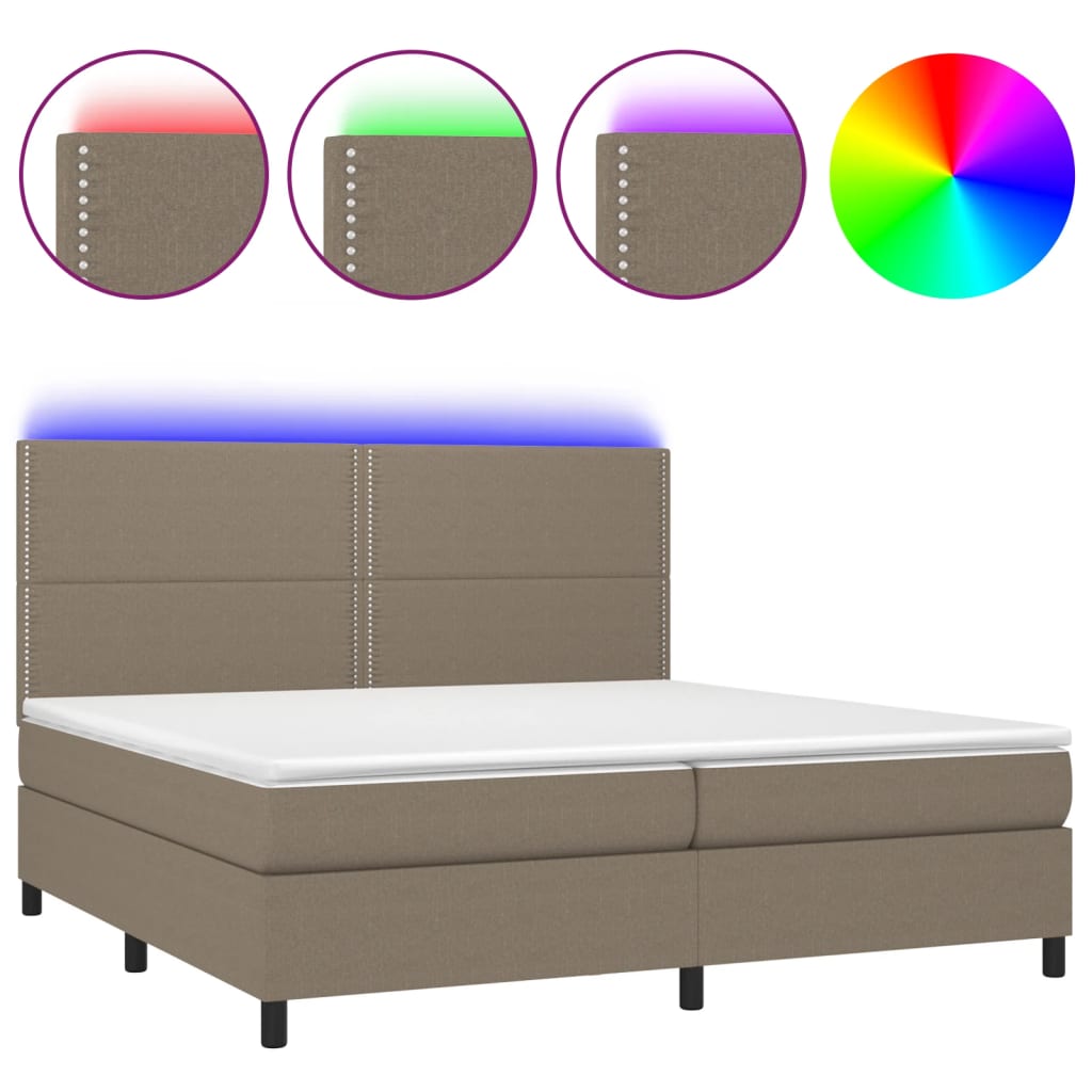 Letto a Molle Materasso e LED tortora 200x200cm in Tessuto