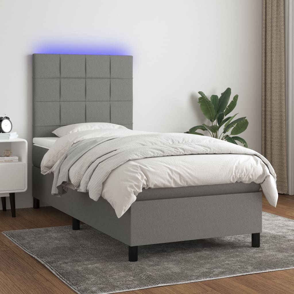 Letto a Molle Materasso e LED Grigio Scuro 90x190 cm in Tessuto - homemem39