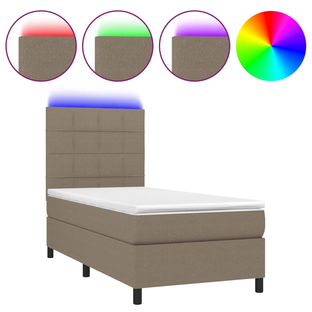 Letto a Molle con Materasso e LED Tortora 100x200cm in Tessuto - homemem39