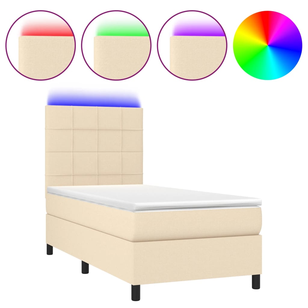 Letto a Molle con Materasso e LED Crema 100x200cm in Tessuto