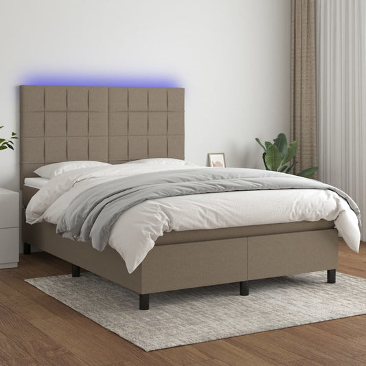 Letto a Molle con Materasso e LED Tortora 140x190 cm in Tessuto - homemem39