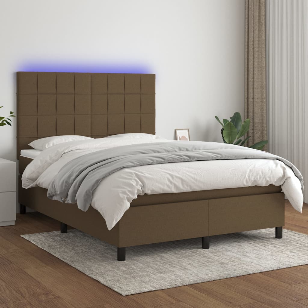 Letto a Molle Materasso e LED Marrone Scuro 140x200 cm Tessuto - homemem39