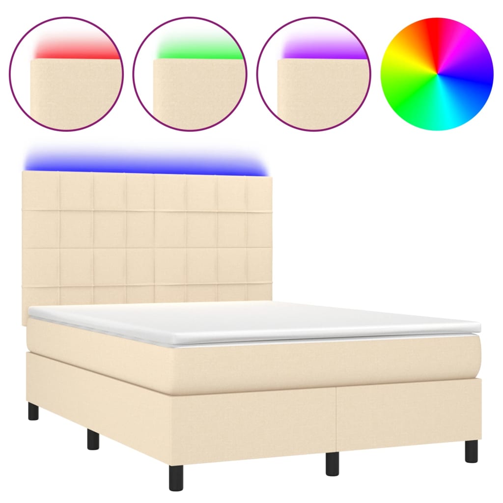Letto a Molle con Materasso e LED Crema 140x200 cm in Tessuto