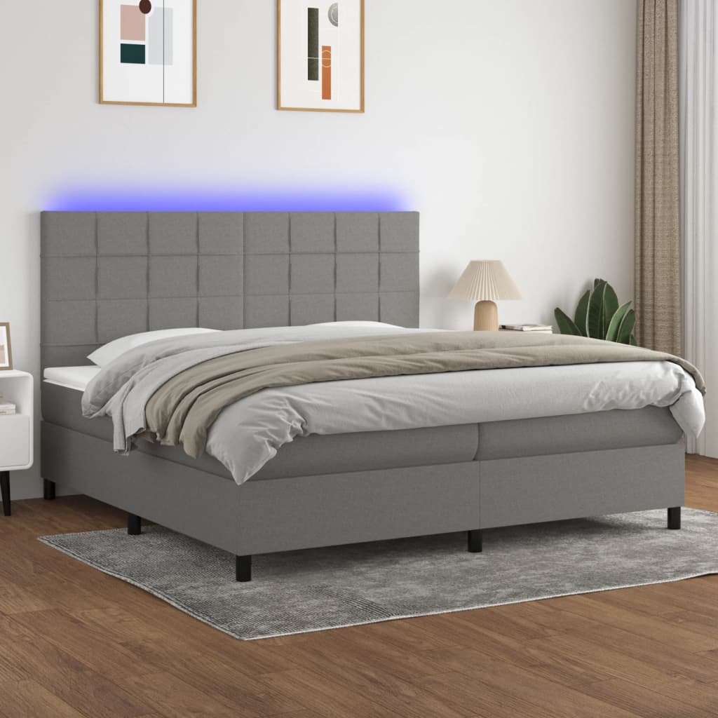 Letto a Molle Materasso e LED Grigio Scuro 200x200cm in Tessuto - homemem39