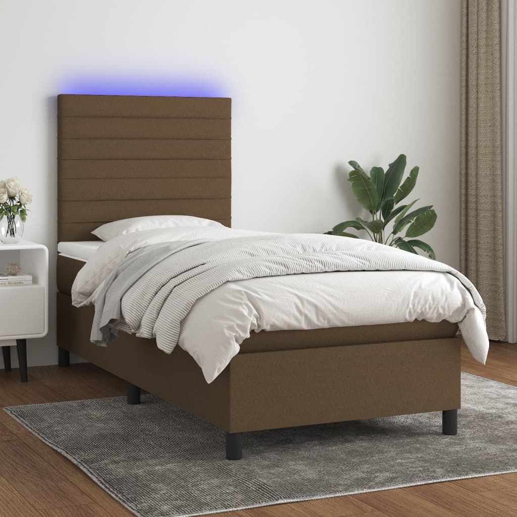 Letto a Molle Materasso e LED Marrone Scuro 90x200cm in Tessuto