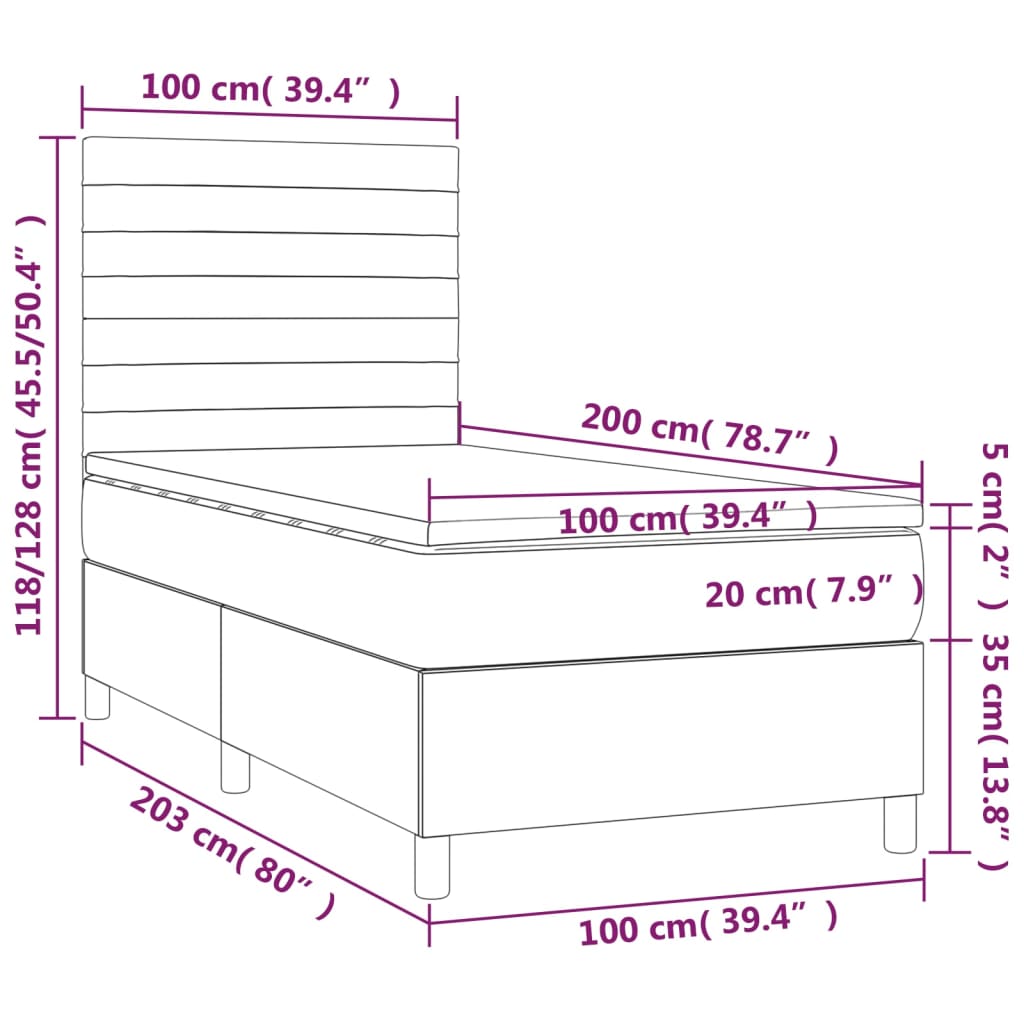 Letto a Molle con Materasso e LED Tortora 100x200cm in Tessuto - homemem39