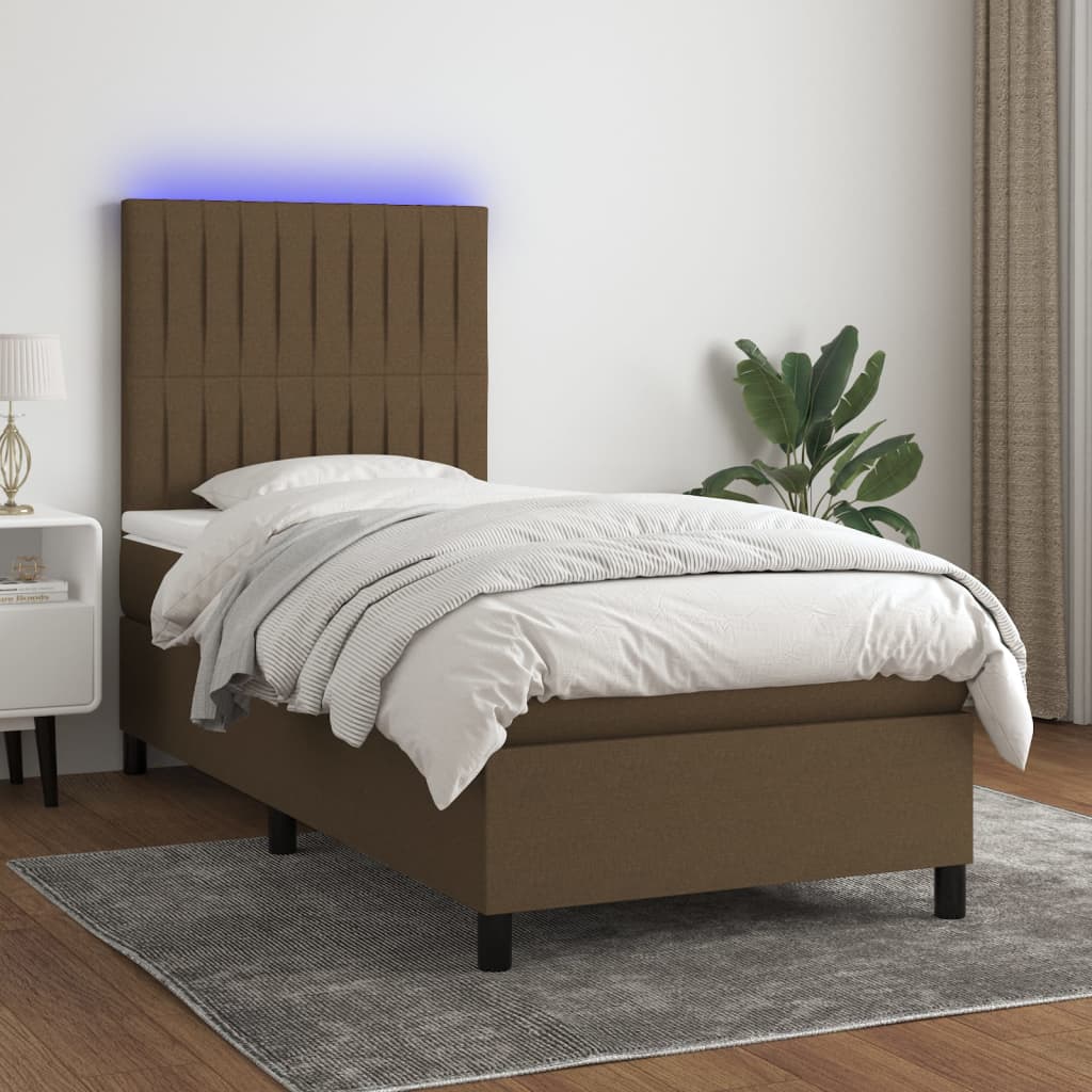 Letto a Molle Materasso e LED Marrone Scuro 90x190cm in Tessuto | homemem39
